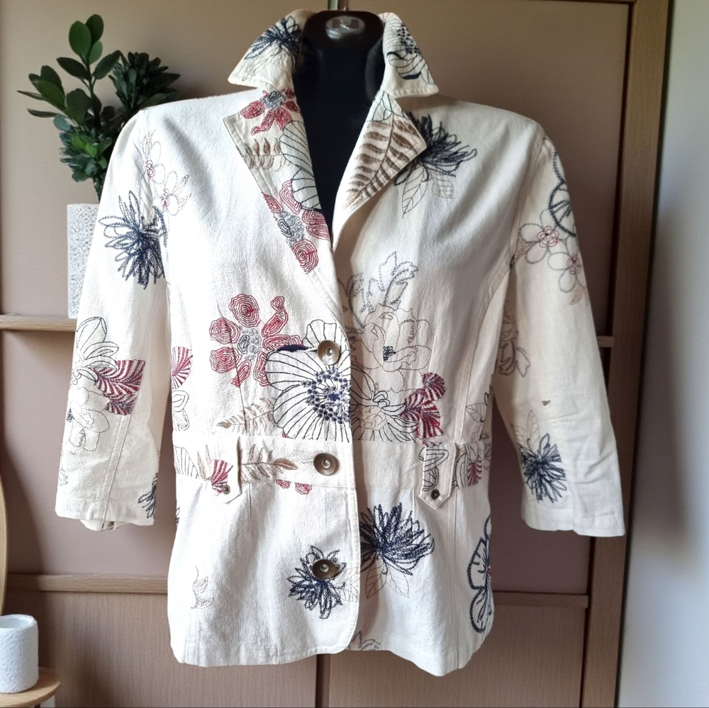 Vintage ATTITUDE Floral Embroidered Linen Blend Women's Blazer Jacket